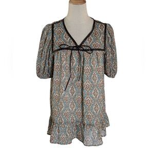 DKNY Jeans Blue Patterned Boho Babydoll Top